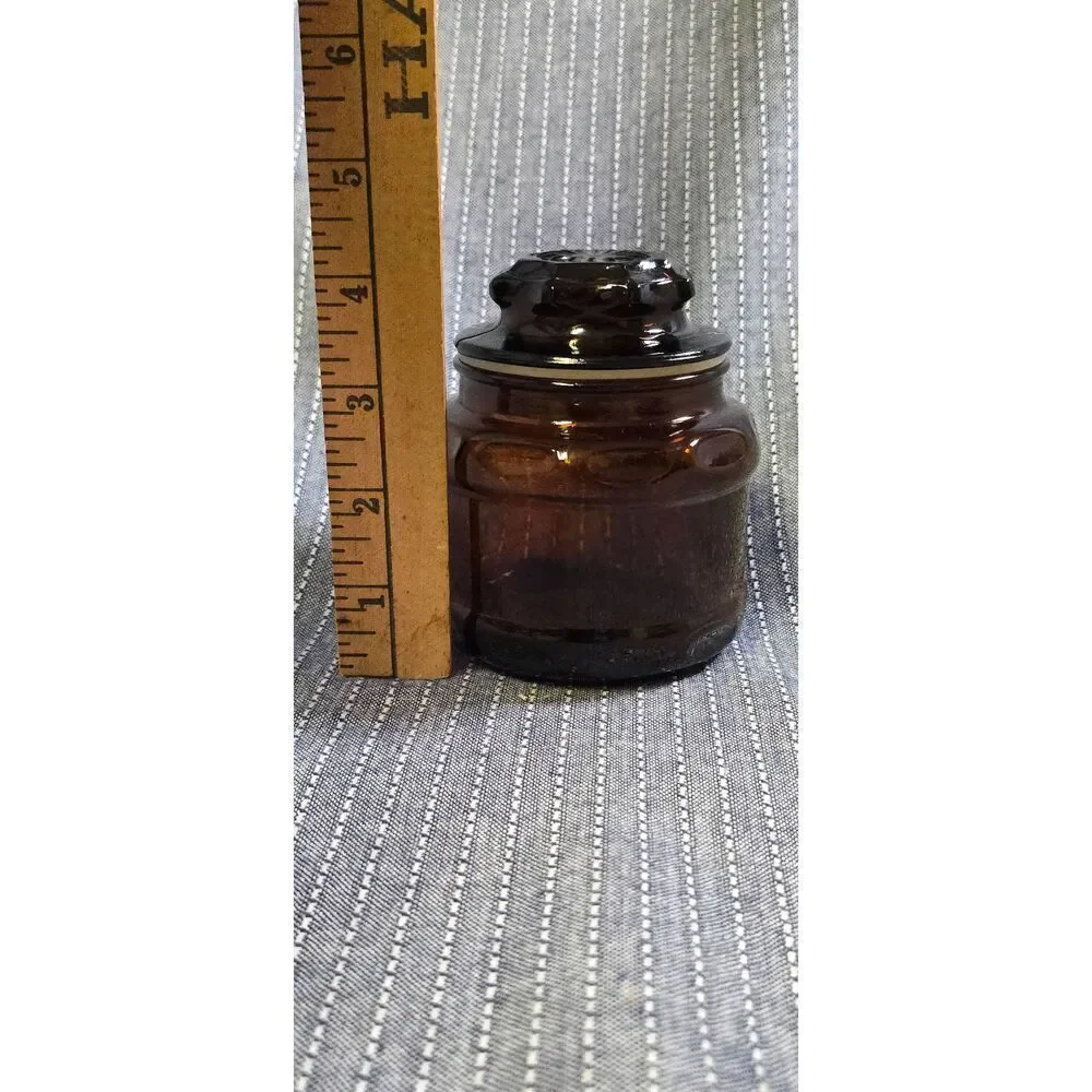VTG Cremora 1970's Dark Amber Brown Glass Apothecary Jar - Starburst Lid - 4 in